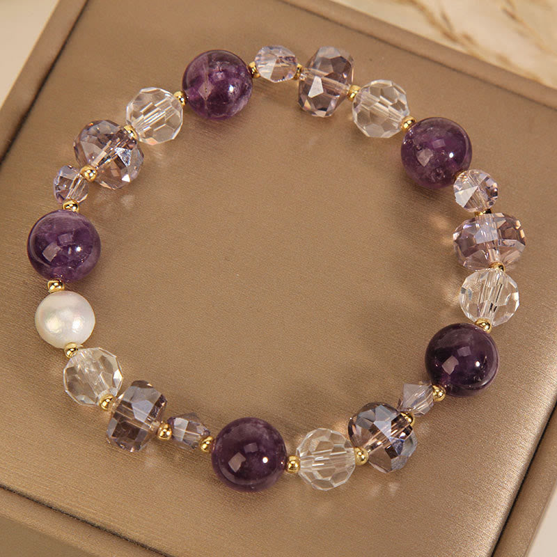 Buddha Stones Amethyst White Crystal Pearl Communication Bracelet - image 1