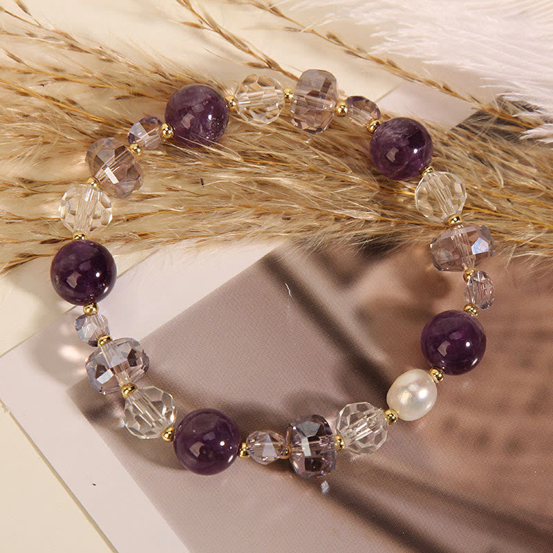 Buddha Stones Amethyst White Crystal Pearl Communication Bracelet - image 4