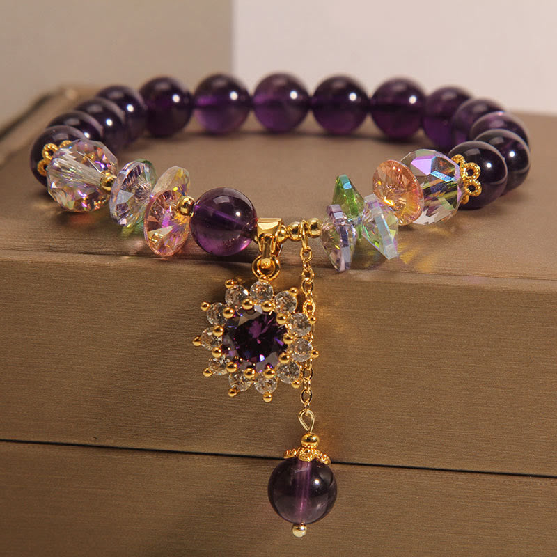 Buddha Stones Amethyst Green Crystal Citrine White Crystal Sunflower Spiritual Awareness Bracelet - Amethyst(Wrist Circumference: 14-16cm) - image 0