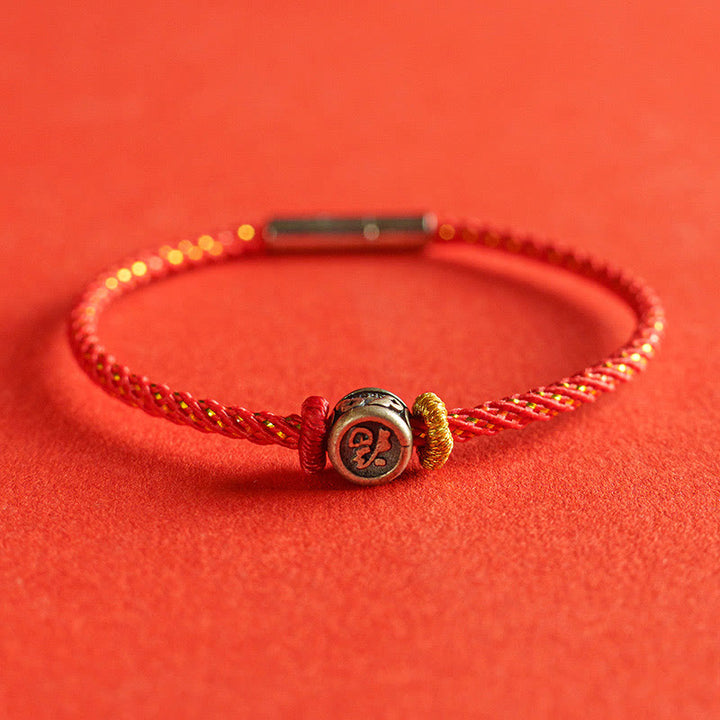Buddha Stones Braided String 925 Sterling Silver Fu Character Faith Bracelet - Red - 19cm - image 0