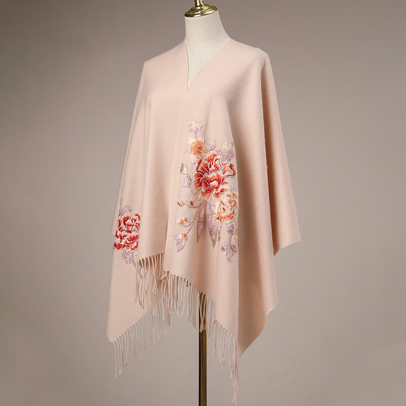 Buddha Stones Wool Shawl Red Flower Embroidery Tassel Winter Cozy Travel Scarf Wrap - image 2