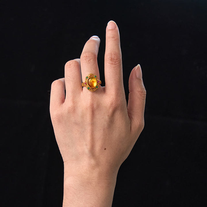 Buddha Stones Flower Amber Hollow Lace Confidence Adjustable Ring - image 4
