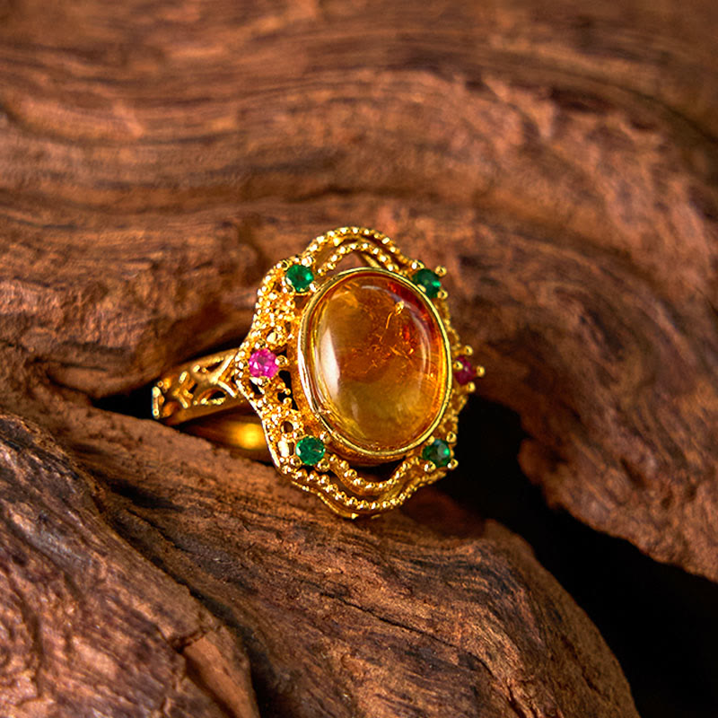 Buddha Stones Flower Amber Hollow Lace Confidence Adjustable Ring - image 7