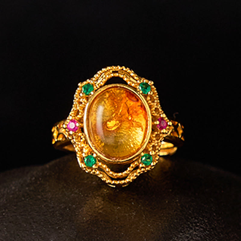 Buddha Stones Flower Amber Hollow Lace Confidence Adjustable Ring - image 2