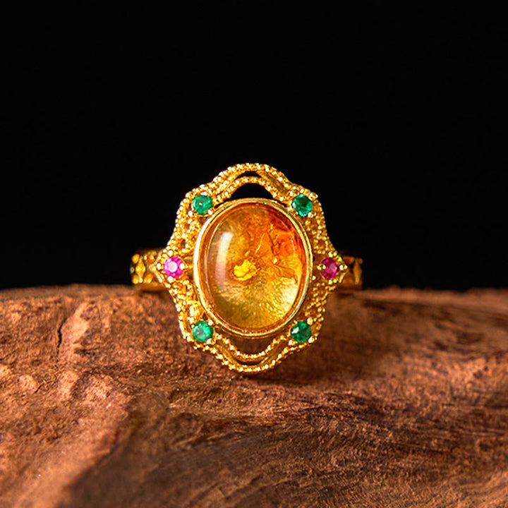 Buddha Stones Flower Amber Hollow Lace Confidence Adjustable Ring - image 9