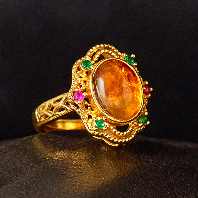 Buddha Stones Flower Amber Hollow Lace Confidence Adjustable Ring - Amber(Inner Circumference: 58-62mm) - image 0