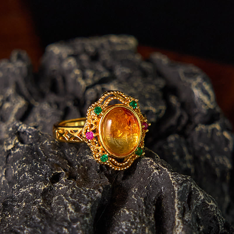 Buddha Stones Flower Amber Hollow Lace Confidence Adjustable Ring - image 10