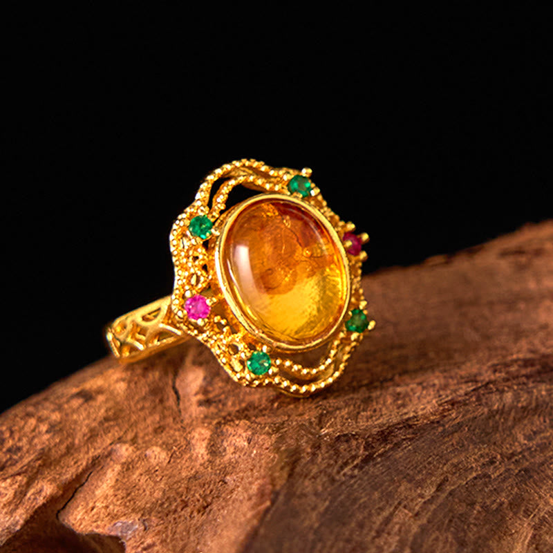Buddha Stones Flower Amber Hollow Lace Confidence Adjustable Ring - image 8
