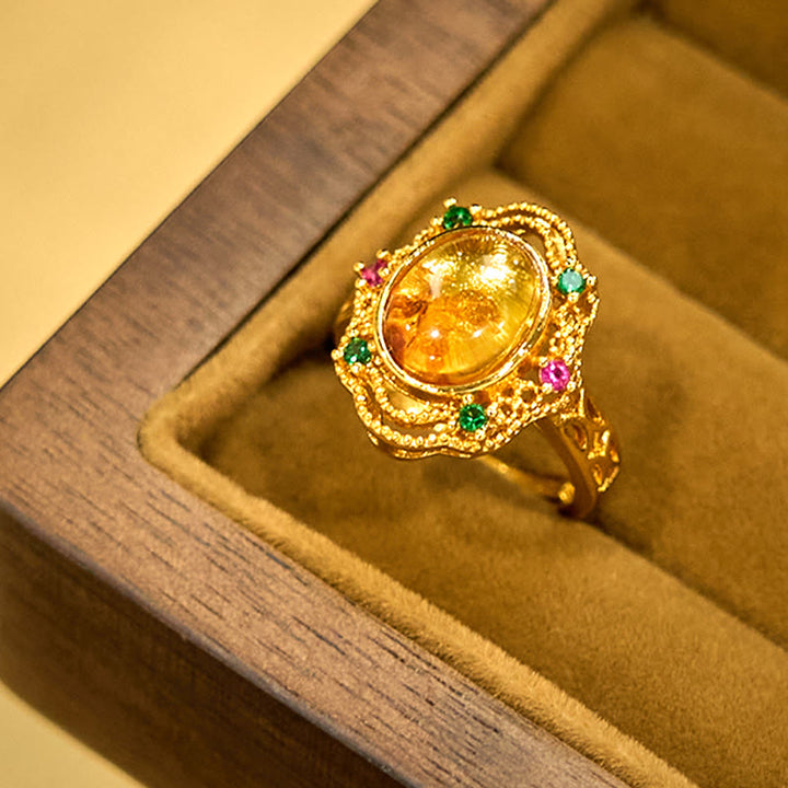 Buddha Stones Flower Amber Hollow Lace Confidence Adjustable Ring - image 11