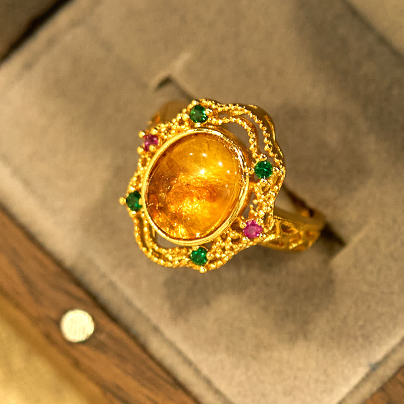 Buddha Stones Flower Amber Hollow Lace Confidence Adjustable Ring - image 3