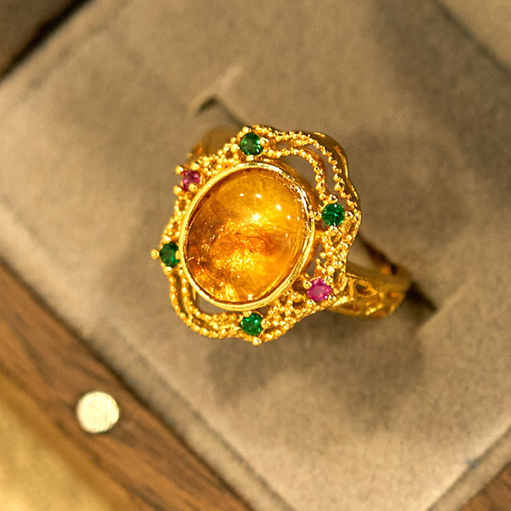 Buddha Stones Flower Amber Hollow Lace Confidence Adjustable Ring - image 3