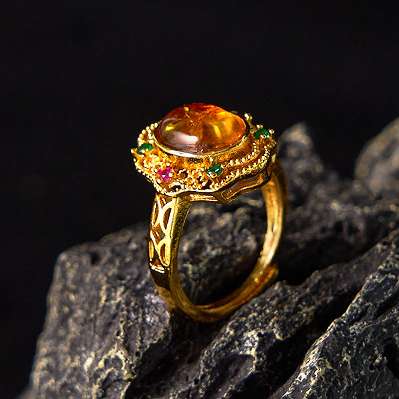Buddha Stones Flower Amber Hollow Lace Confidence Adjustable Ring - image 1