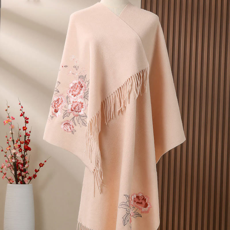 Buddha Stones Wool Shawl Red Peony Embroidery Tassel Winter Cozy Travel Scarf Wrap - PeachPuff - 200*60cm - image 10