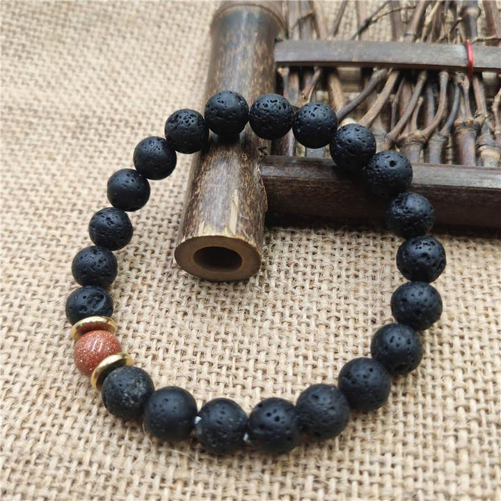 Buddha Stones Lava Rock Goldstone Blue Sandstone Healing Bracelet - Goldstone Lava Rock - 8mm - image 8