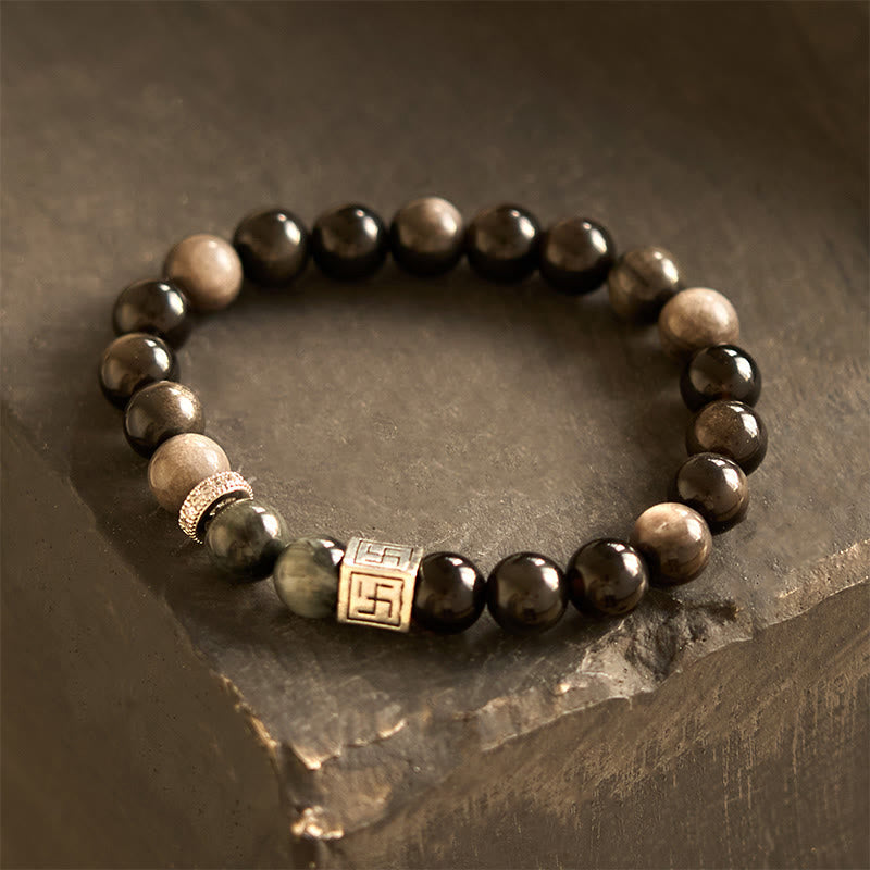 Buddha Stones Black Obsidian Eagle's Eye Stone Strength Courage Bracelet - image 1