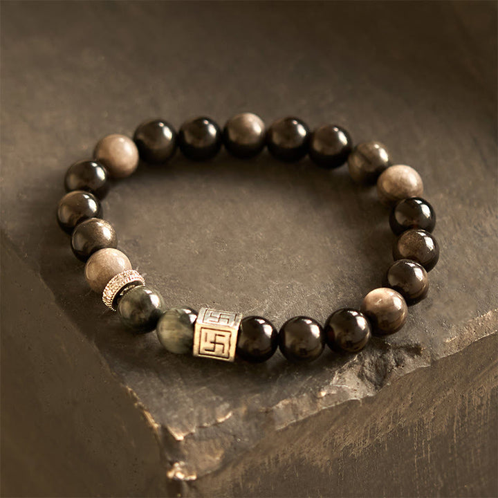Buddha Stones Black Obsidian Eagle's Eye Stone Strength Courage Bracelet - image 1