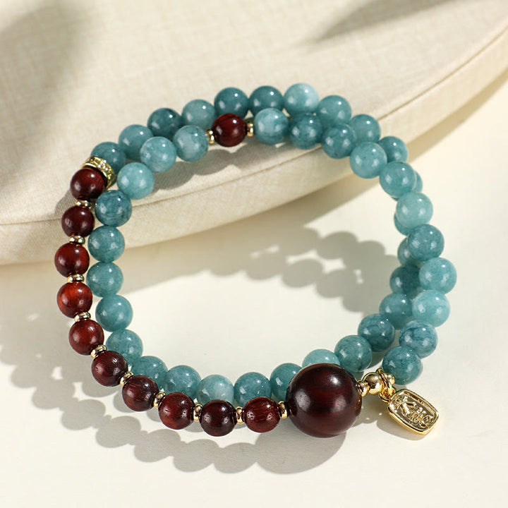 Buddha Stones Blue Chalcedony Green Sandalwood Small Leaf Red Sandalwood Double Wrap Emotional Balance Bracelet - Blue Chalcedony Small Leaf Red Sandalwood(Wrist Circumference: 14-16cm) - image 8