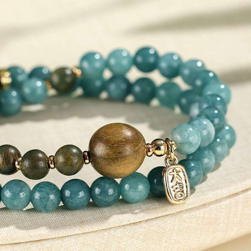 Buddha Stones Blue Chalcedony Green Sandalwood Small Leaf Red Sandalwood Double Wrap Emotional Balance Bracelet - image 3