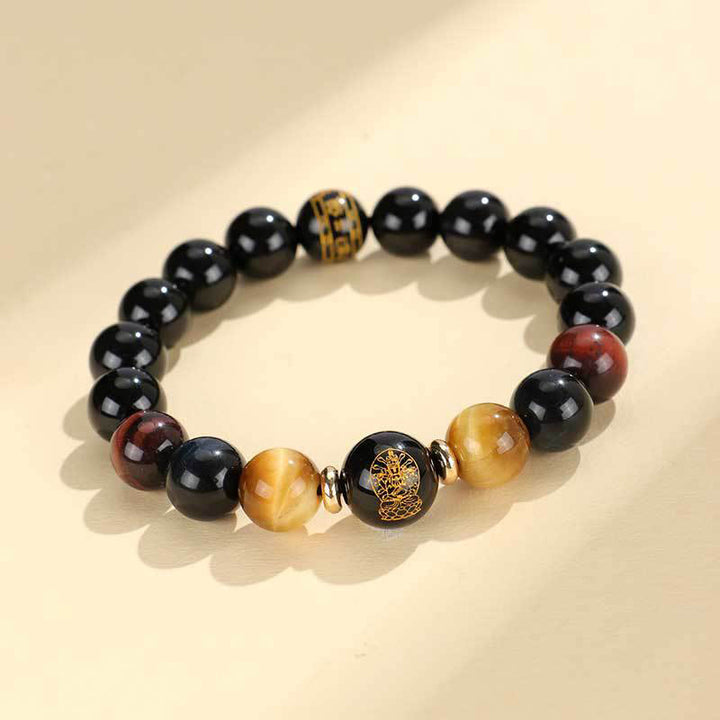 Buddha Stones Black Onyx Tiger Eye Om Mani Padme Hum Chinese Zodiac Natal Buddha Support Bracelet - Rat-Thousand-armed Avalokitesvara(Wrist Circumference: 14-16cm) - image 2