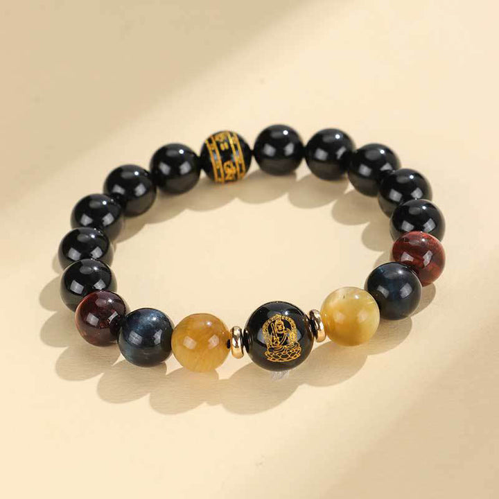 Buddha Stones Black Onyx Tiger Eye Om Mani Padme Hum Chinese Zodiac Natal Buddha Support Bracelet - Ox/Tiger-Void Bodhisattva(Wrist Circumference: 14-16cm) - image 8
