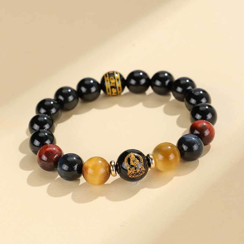 Buddha Stones Black Onyx Tiger Eye Om Mani Padme Hum Chinese Zodiac Natal Buddha Support Bracelet - Rabbit-Manjushri Bodhisattva(Wrist Circumference: 14-16cm) - image 10