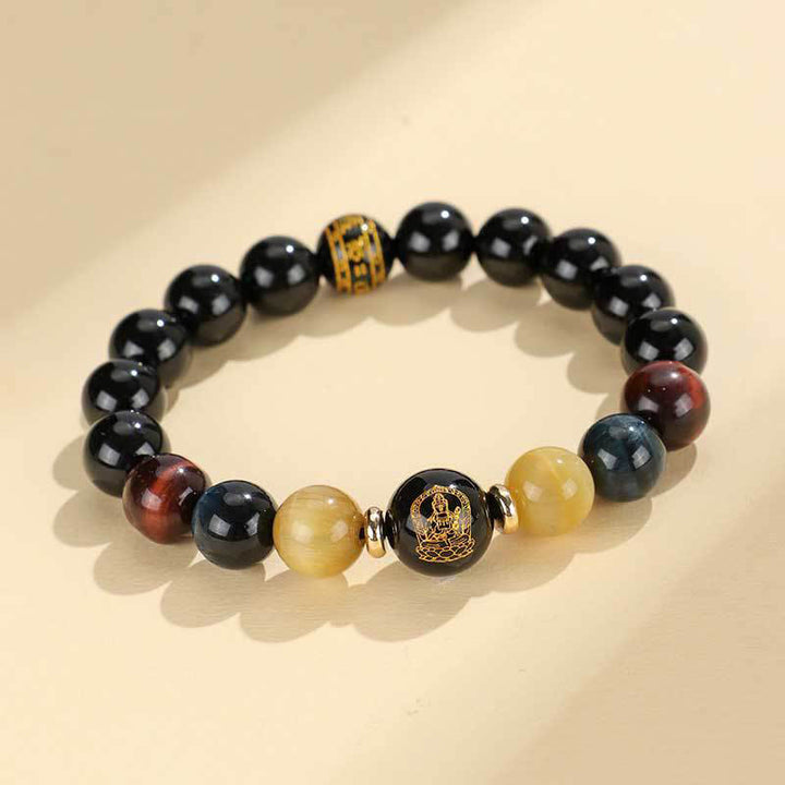 Buddha Stones Black Onyx Tiger Eye Om Mani Padme Hum Chinese Zodiac Natal Buddha Support Bracelet - Dragon/Snake-Samantabhadra Bodhisattva(Wrist Circumference: 14-16cm) - image 13