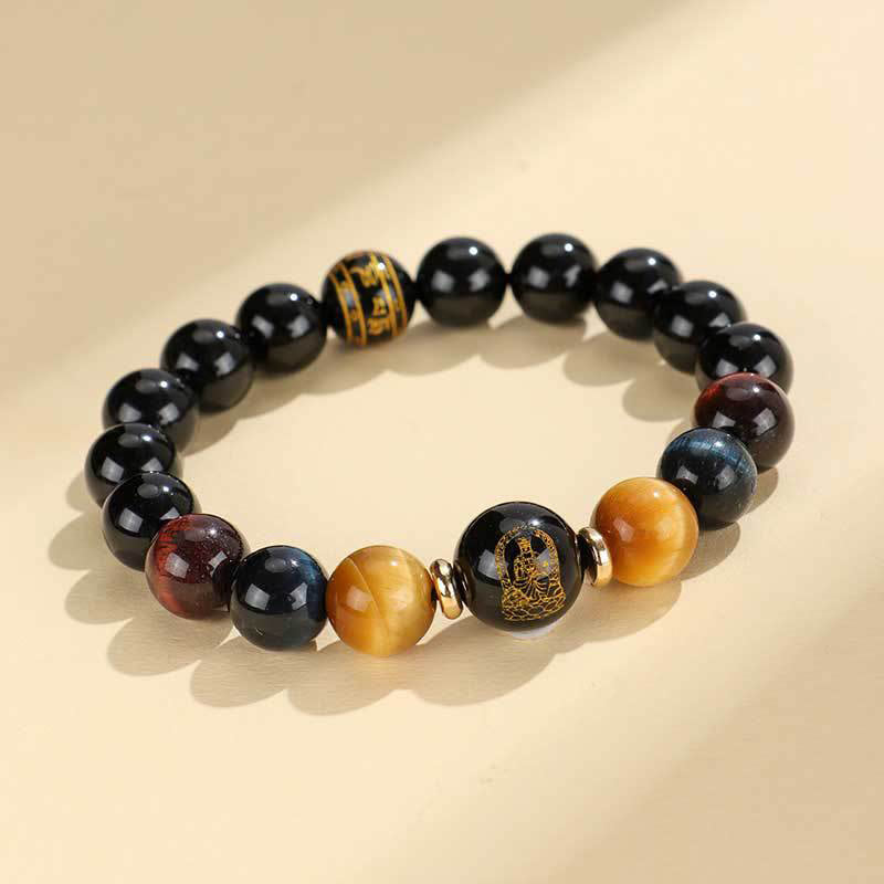 Buddha Stones Black Onyx Tiger Eye Om Mani Padme Hum Chinese Zodiac Natal Buddha Support Bracelet - Horse-Mahasattva Bodhisattva(Wrist Circumference: 14-16cm) - image 15