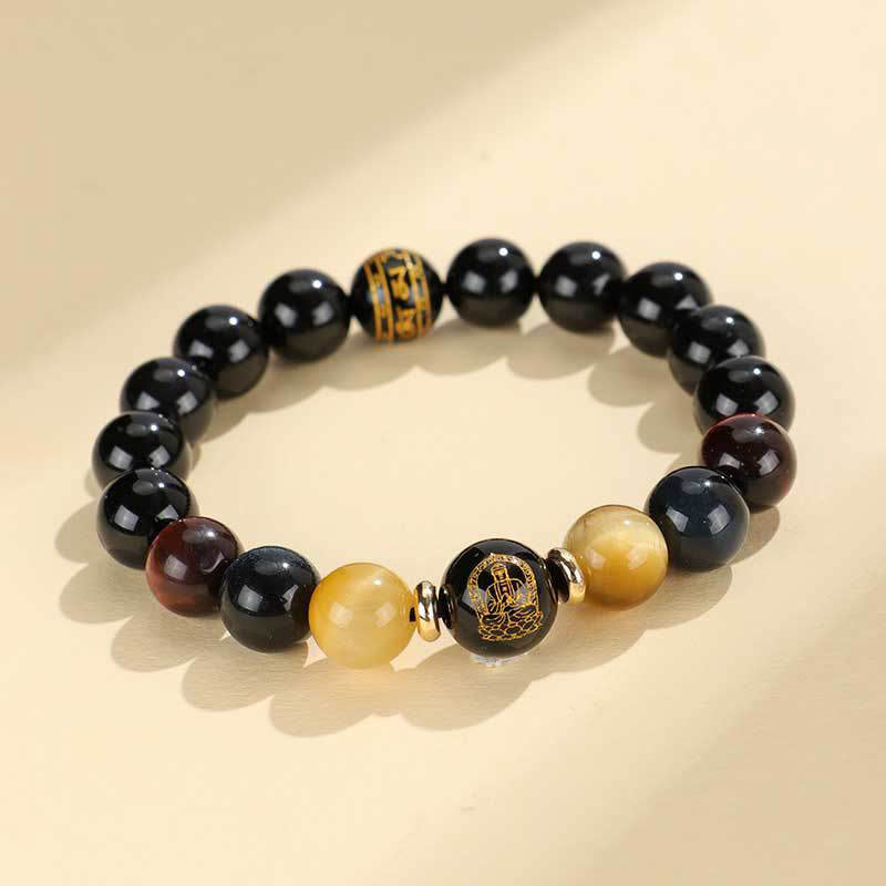 Buddha Stones Black Onyx Tiger Eye Om Mani Padme Hum Chinese Zodiac Natal Buddha Support Bracelet - Goat/Monkey-Tathagata(Wrist Circumference: 14-16cm) - image 17