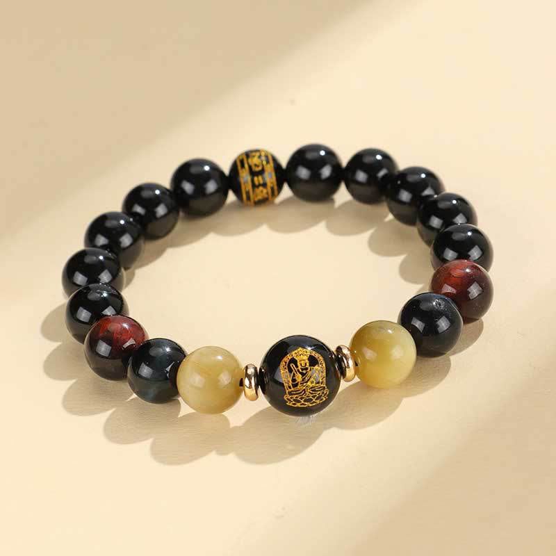 Buddha Stones Black Onyx Tiger Eye Om Mani Padme Hum Chinese Zodiac Natal Buddha Support Bracelet - Rooster-Acalanatha(Wrist Circumference: 14-16cm) - image 19