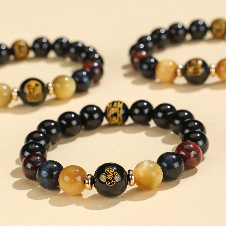 Buddha Stones Black Onyx Tiger Eye Om Mani Padme Hum Chinese Zodiac Natal Buddha Support Bracelet - image 0