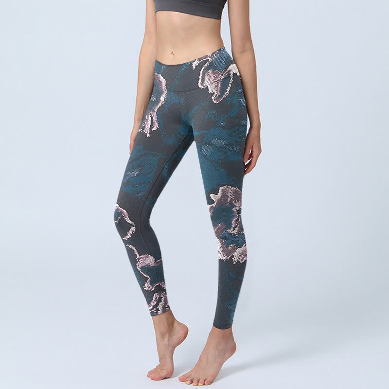 Buddha Stones SteelBlue Silver Flowers Print Exercise Leggings Women's Yoga Pants - SteelBlue - US18,UK/AU22,EU50 (4XL) - image 0