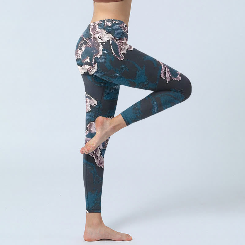 Buddha Stones SteelBlue Silver Flowers Print Exercise Leggings Women's Yoga Pants - image 3