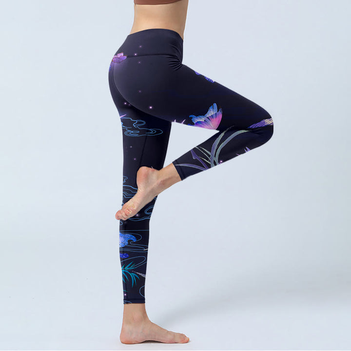 Buddha Stones Midnight Blue Flower Purple Butterfly Exercise Leggings Women's Yoga Pants - image 3