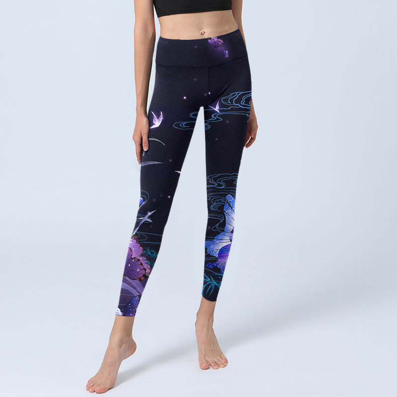 Buddha Stones Midnight Blue Flower Purple Butterfly Exercise Leggings Women's Yoga Pants - image 5