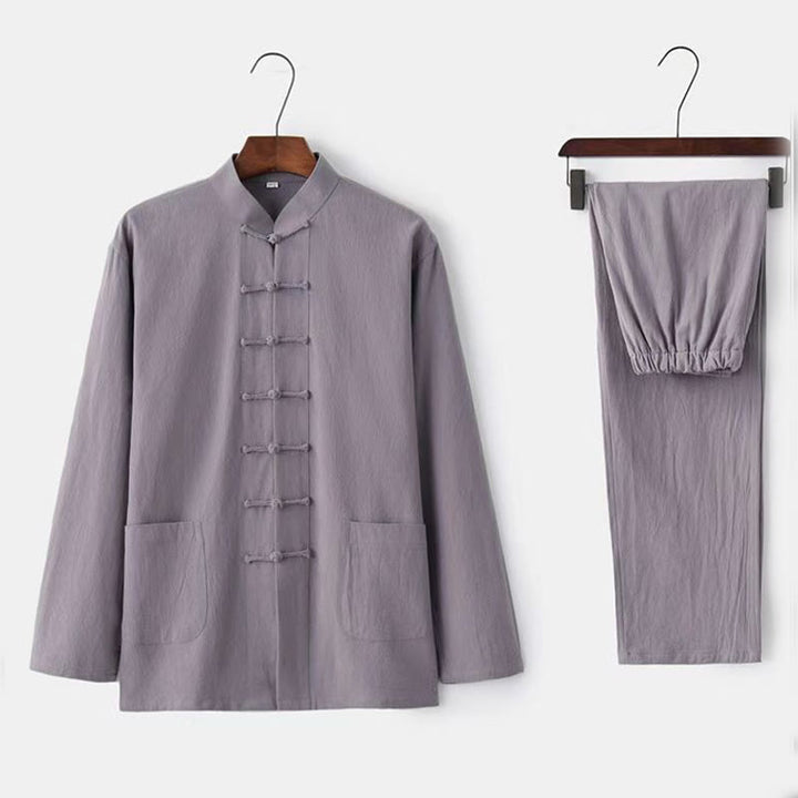 Buddha Stones 2Pcs Tang Suit Traditional Frog-Button Uniform Long Sleeve Shirt Pants Men's Set - Gainsboro - US/UK/AU46,EU56 (5XL) - image 2