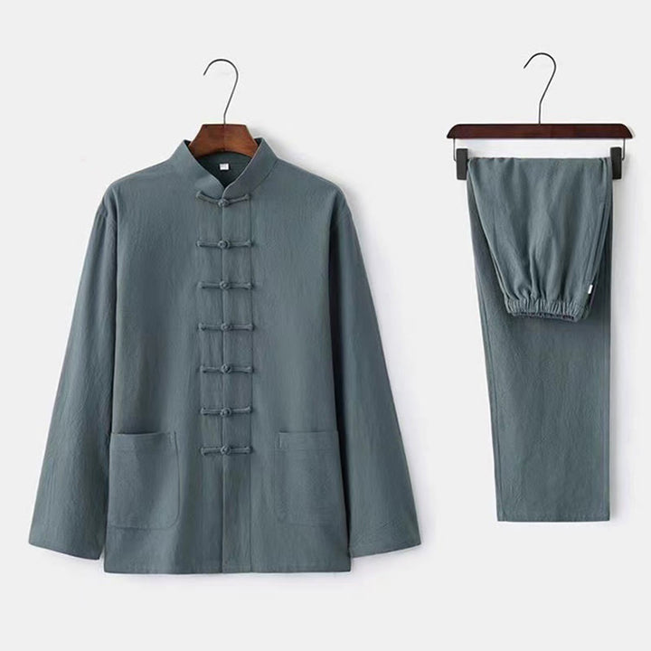 Buddha Stones 2Pcs Tang Suit Traditional Frog-Button Uniform Long Sleeve Shirt Pants Men's Set - CadetBlue - US/UK/AU46,EU56 (5XL) - image 6