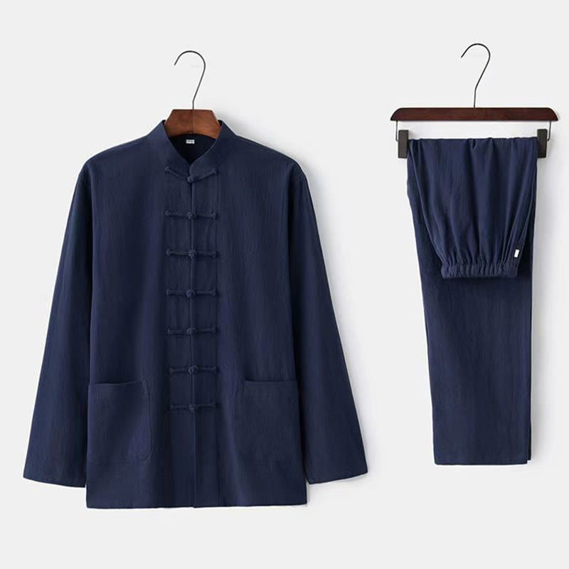 Buddha Stones 2Pcs Tang Suit Traditional Frog-Button Uniform Long Sleeve Shirt Pants Men's Set - Navy - US/UK/AU46,EU56 (5XL) - image 13