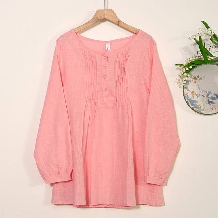 Buddha Stones Round Neck Casual Pleated Long Sleeve Shirt Cotton Linen Women's Shirts - LightPink - US/UK/AU46,EU56 (5XL) - image 8
