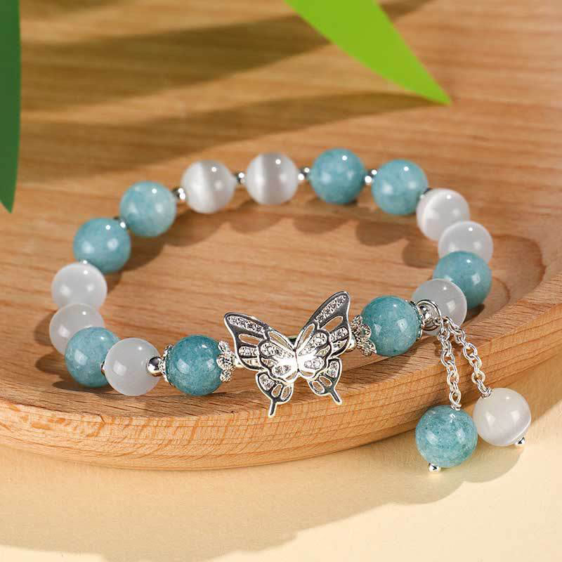 Buddha Stones Chrysoberyl Cat's Eye Chalcedony Butterfly Love Bracelet - Cat's Eye Blue Chalcedony(Wrist Circumference: 14-16cm) - image 0