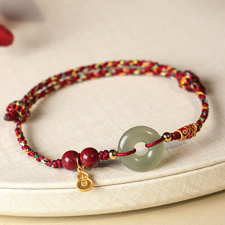 Buddha Stones Red String Black String Hetian Jade Peace Buckle Cinnabar 925 Silver Protection Bracelet - Dark Red String - image 11