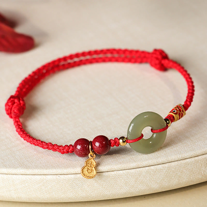 Buddha Stones Red String Black String Hetian Jade Peace Buckle Cinnabar 925 Silver Protection Bracelet - Red String - image 0