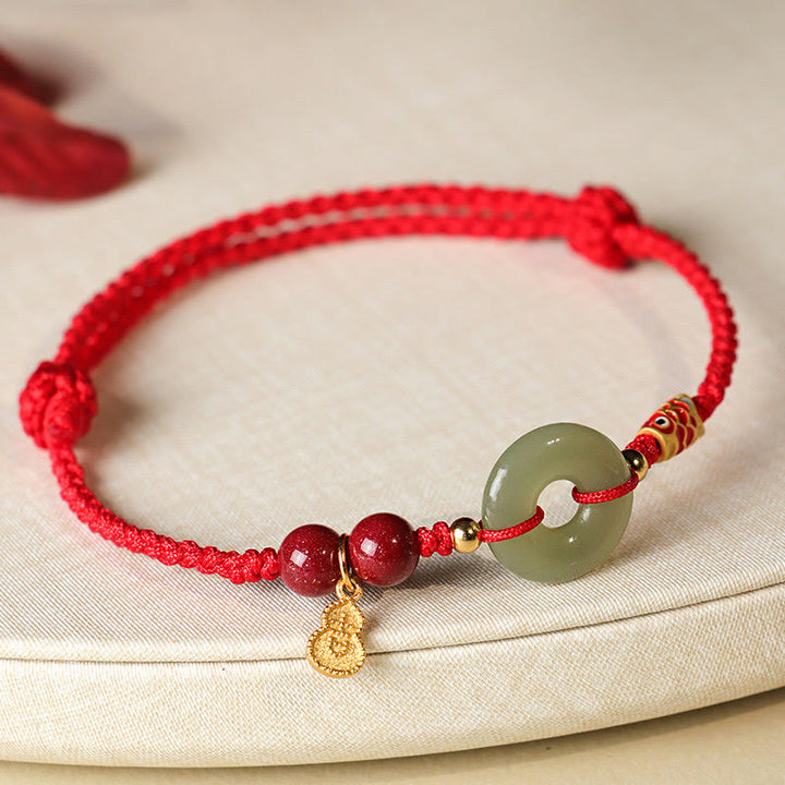 Buddha Stones Red String Black String Hetian Jade Peace Buckle Cinnabar 925 Silver Protection Bracelet - Red String - image 0