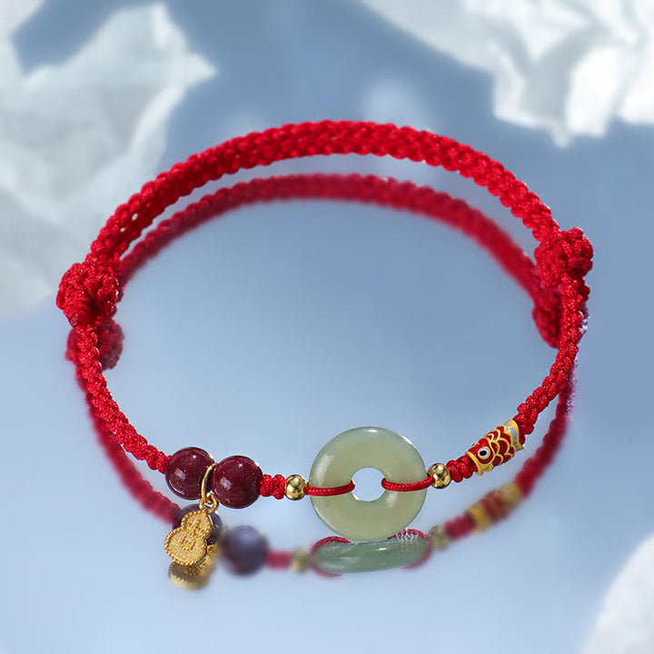 Buddha Stones Red String Black String Hetian Jade Peace Buckle Cinnabar 925 Silver Protection Bracelet - image 3