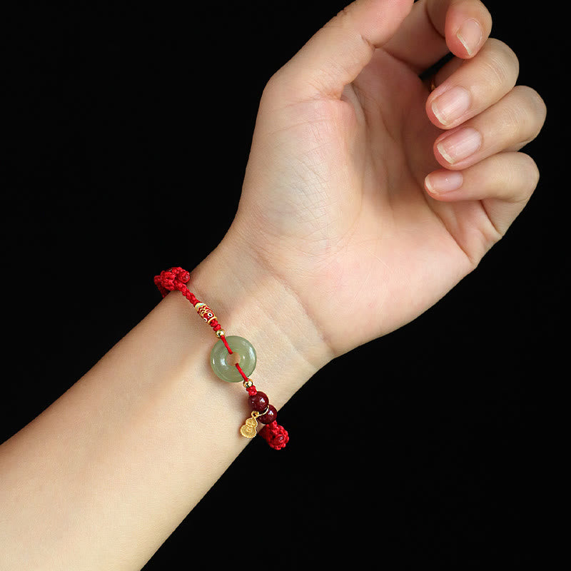 Buddha Stones Red String Black String Hetian Jade Peace Buckle Cinnabar 925 Silver Protection Bracelet - image 5