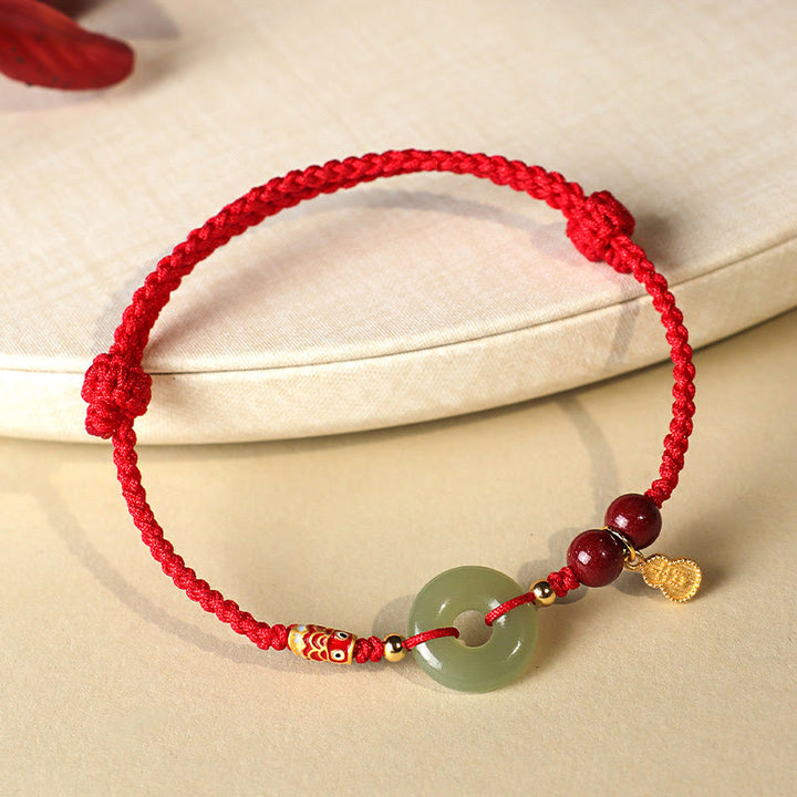 Buddha Stones Red String Black String Hetian Jade Peace Buckle Cinnabar 925 Silver Protection Bracelet - image 2