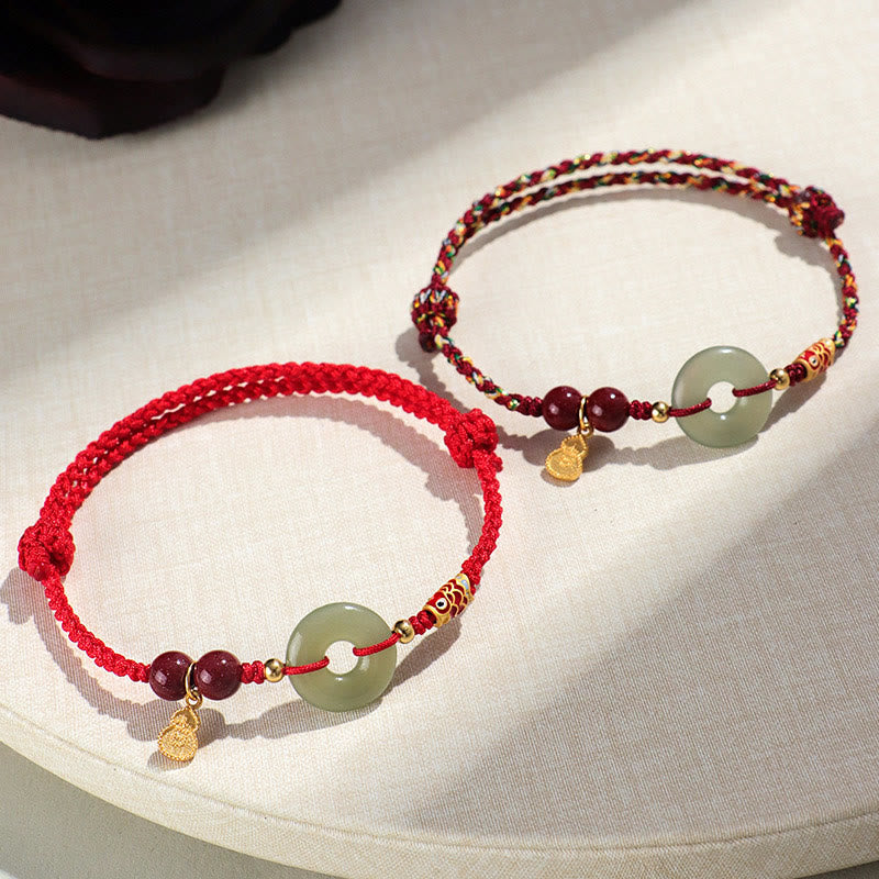 Buddha Stones Red String Black String Hetian Jade Peace Buckle Cinnabar 925 Silver Protection Bracelet - image 1