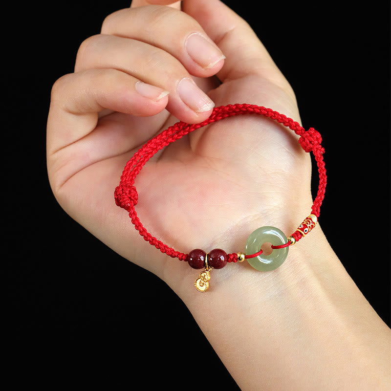 Buddha Stones Red String Black String Hetian Jade Peace Buckle Cinnabar 925 Silver Protection Bracelet - image 4
