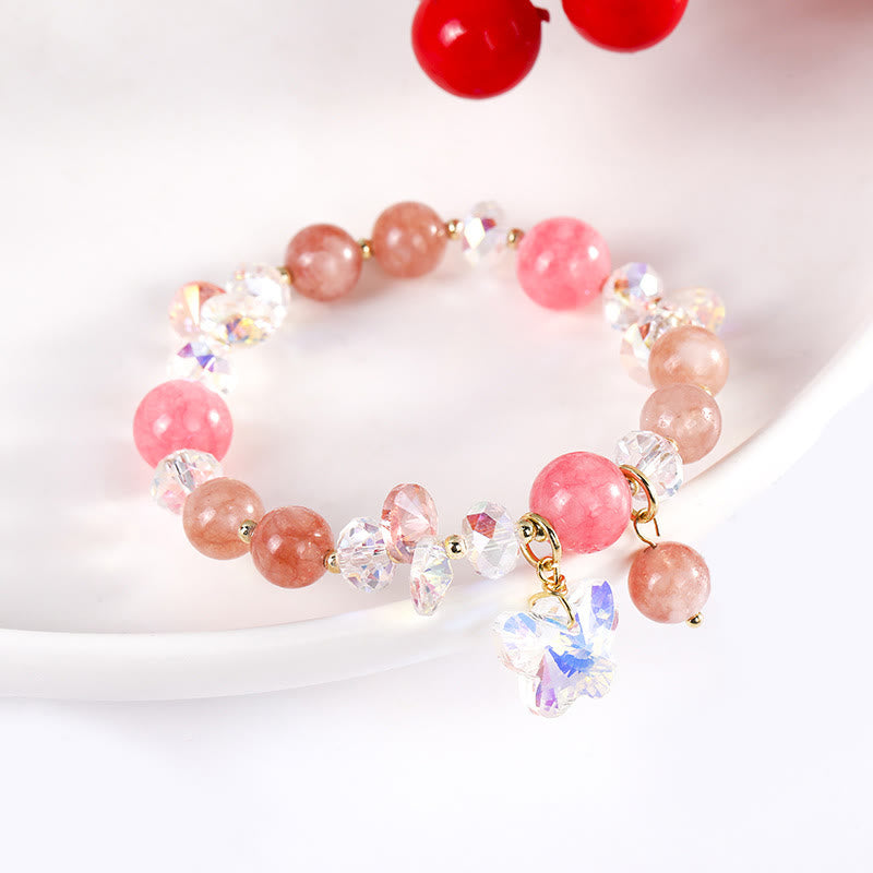Buddha Stones Strawberry Quartz White Crystal Pink Crystal Butterfly Love Bracelet - image 11