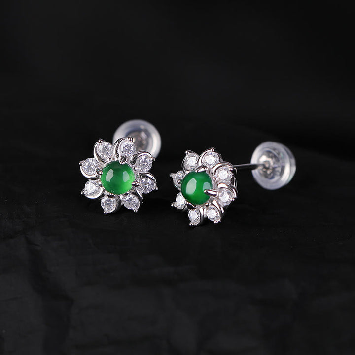 Buddha Stones 925 Sterling Silver Round Jade Flower Prosperity Earrings - image 3