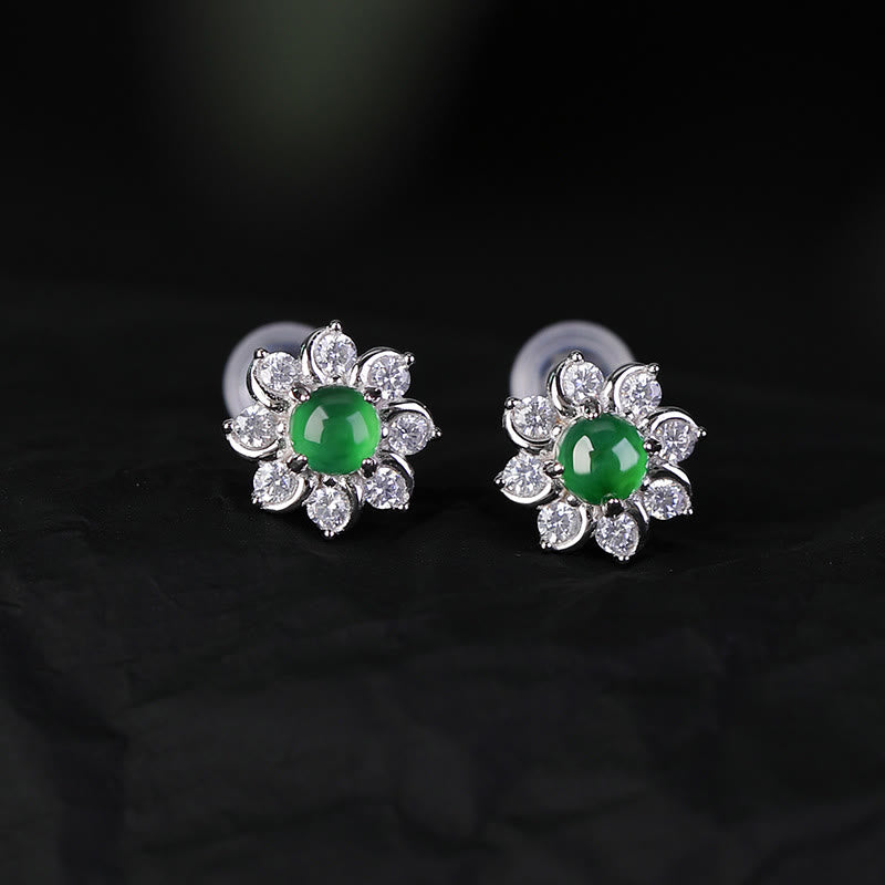 Buddha Stones 925 Sterling Silver Round Jade Flower Prosperity Earrings - Jade&Silver - image 0